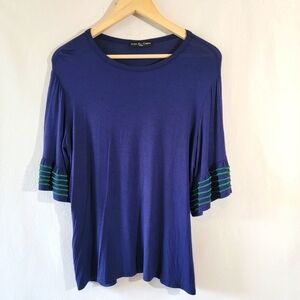 Kim & Cami Women's Slouchy Soft Casual Top Sz L Blue Flare Sleeve Crewneck Cozy